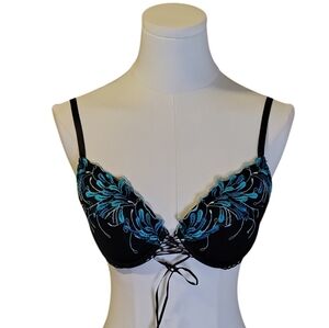Fredericks Of Hollywood Padded Black Blue Embroidered Tie Front Bra Size 36D